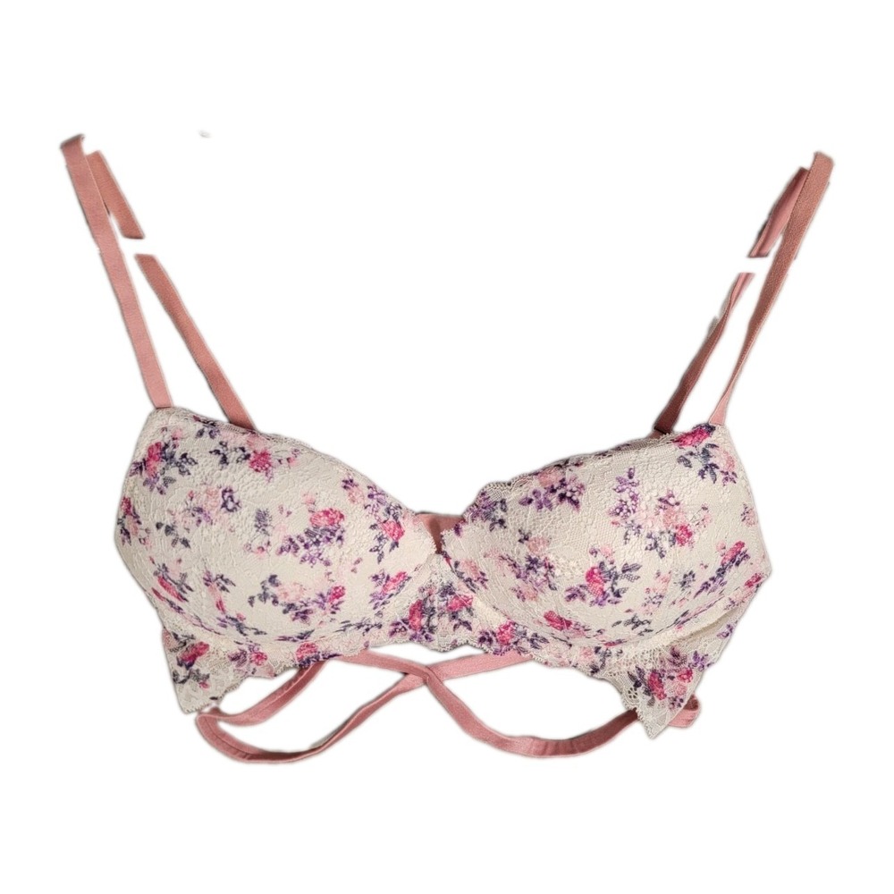 PINK Victorias Secret Bra 34C Floral Lace Strappy Cage Date Wireless Push Up
